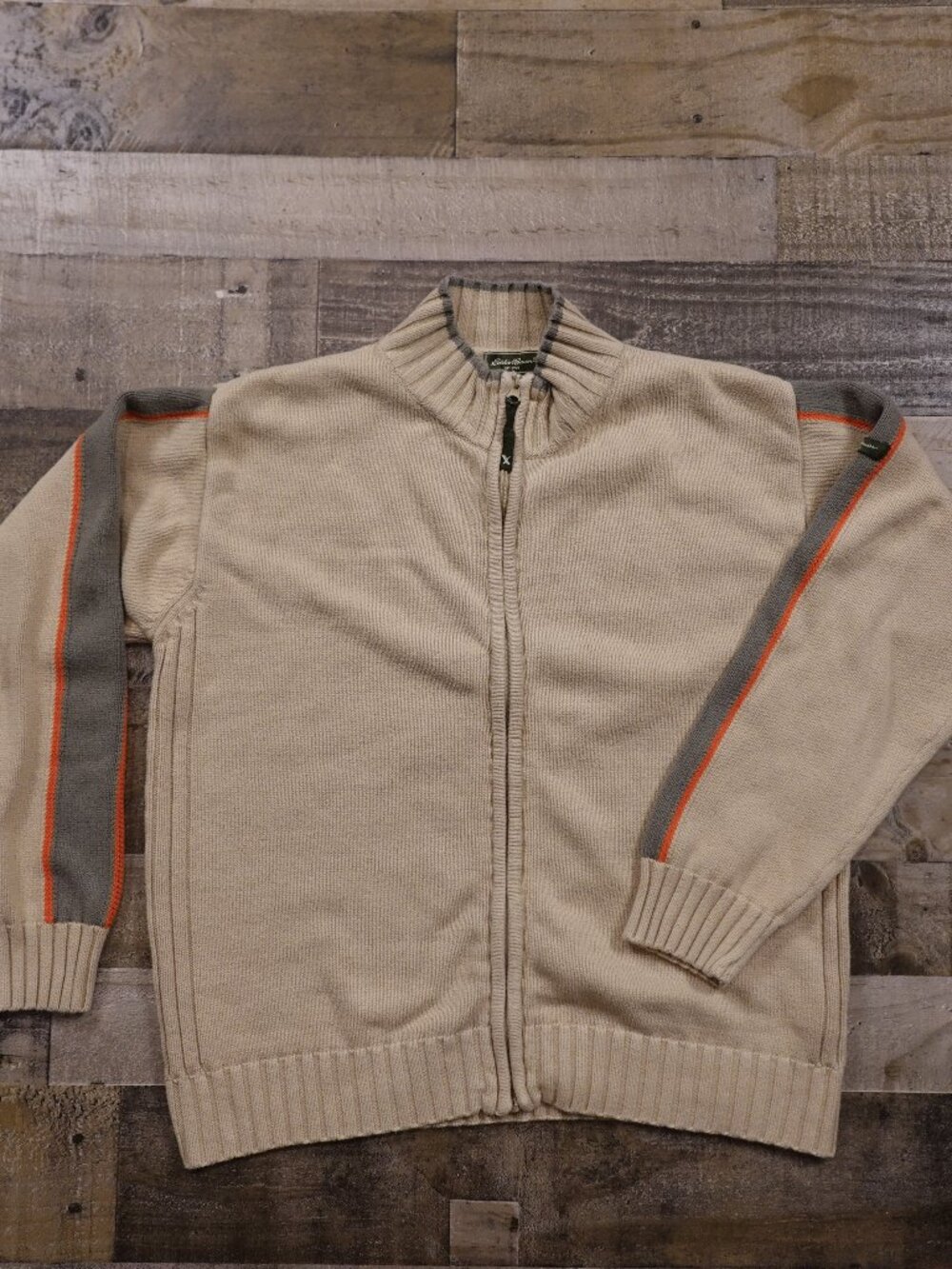 Eddie Bauer Full Zip Sweater Jacket Men’s Large Beige Cotton Mock Neck